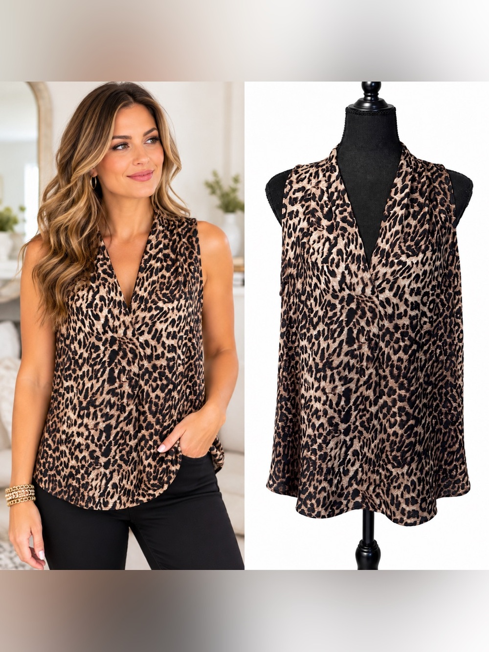 Vince Camuto Leopard Print Sleeveless V-Neck Top Corpcore Women’s Size Medium